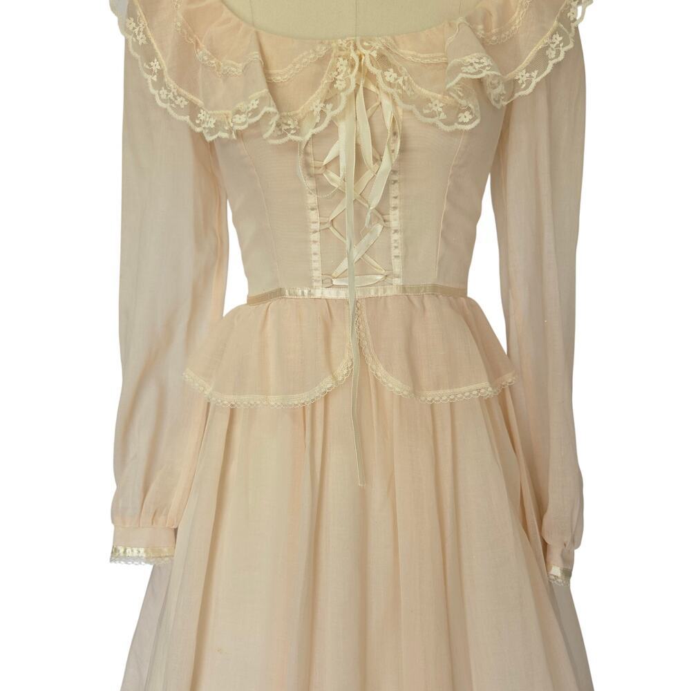 Gunne Sax Peplum Midi Dress Size S 7 9 Pink Corset Vintage 70s Prairie Bridal - Picture 4 of 14